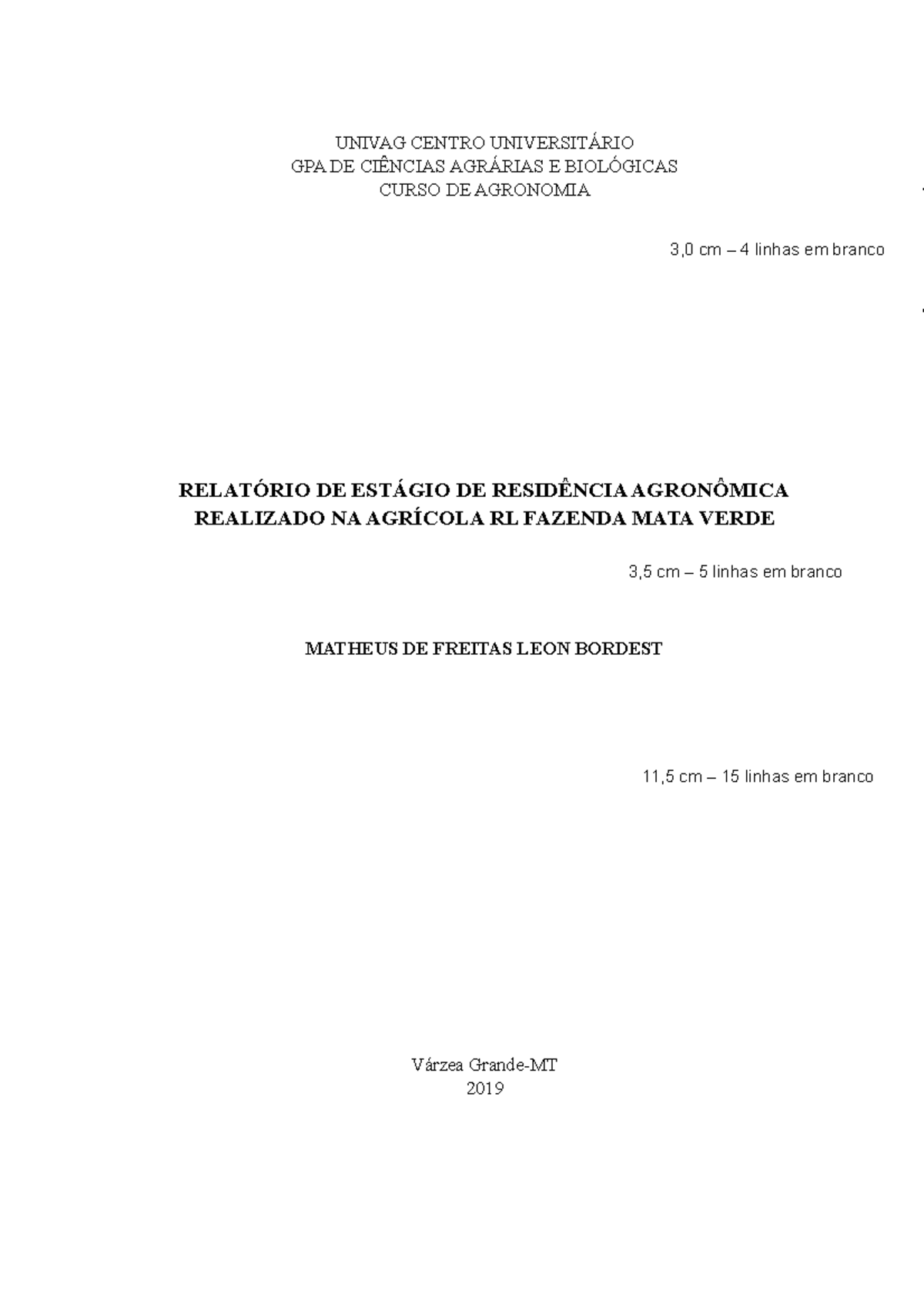 Relatório Oficial 2019 Estagio - UNIVAG CENTRO UNIVERSITÁRIO GPA DE ...