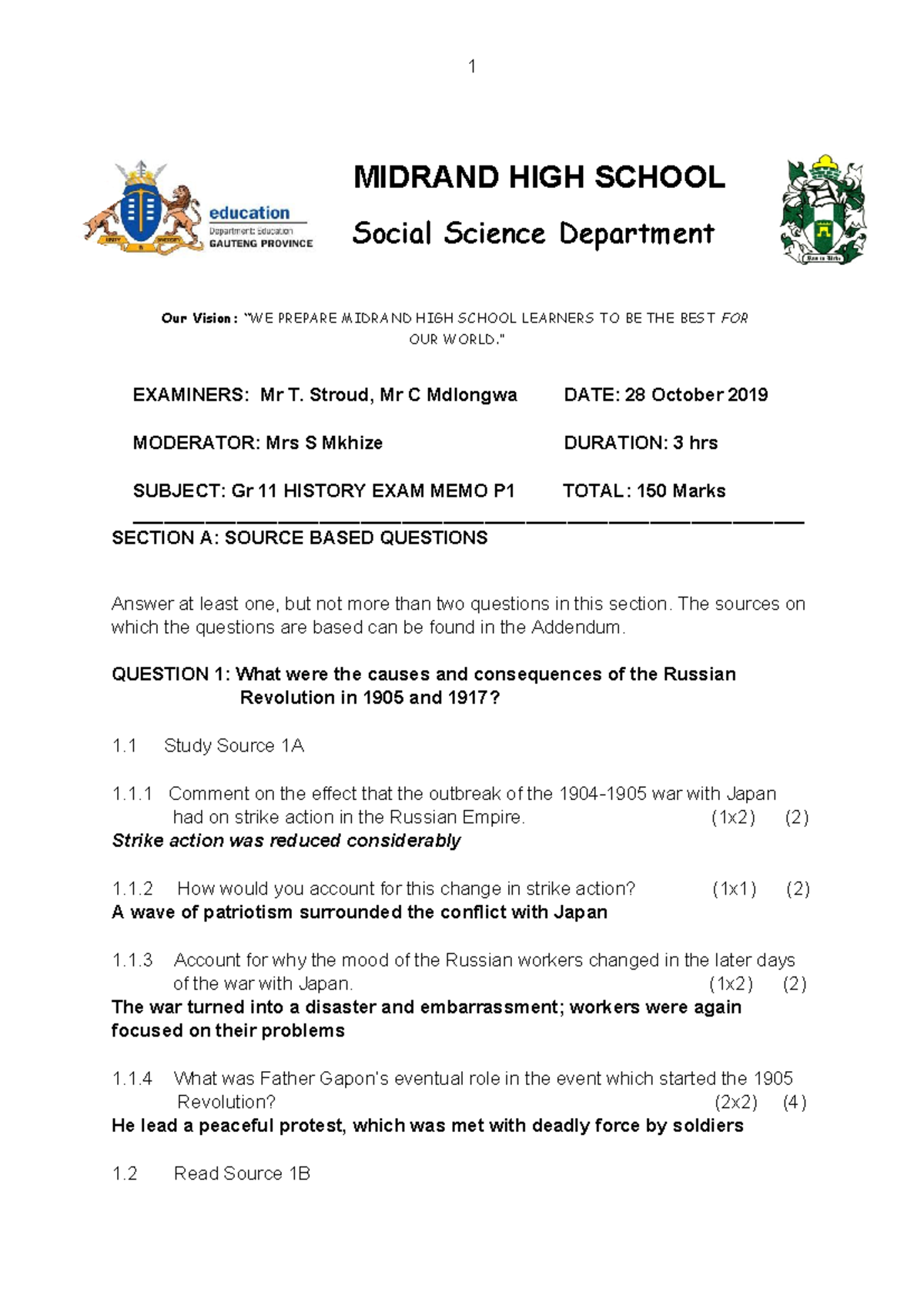 MEMO History 11 Paper 1 - 28 October 2019 - MIDRAND HIGH SCHOOL Social ...