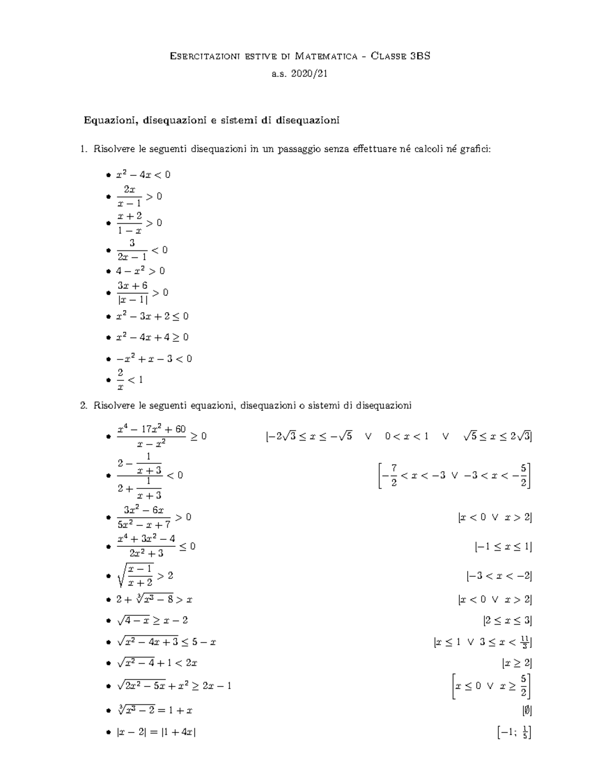 Compiti Estivi Matematica Terza Liceo Esercitazioni Estive Di Matematica Classe 3bs A 2020