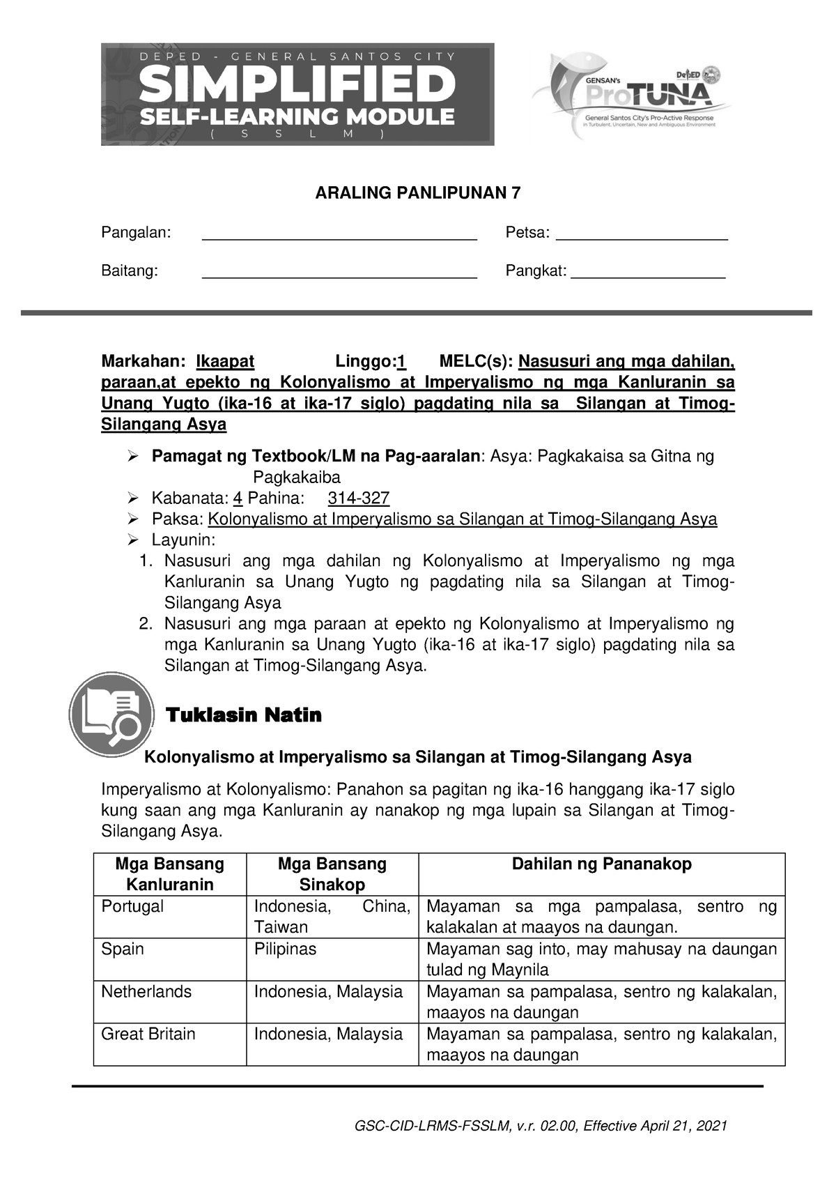 AP7 Q4 Week 1 - MODULE - ARALING PANLIPUNAN 7 Pangalan ...