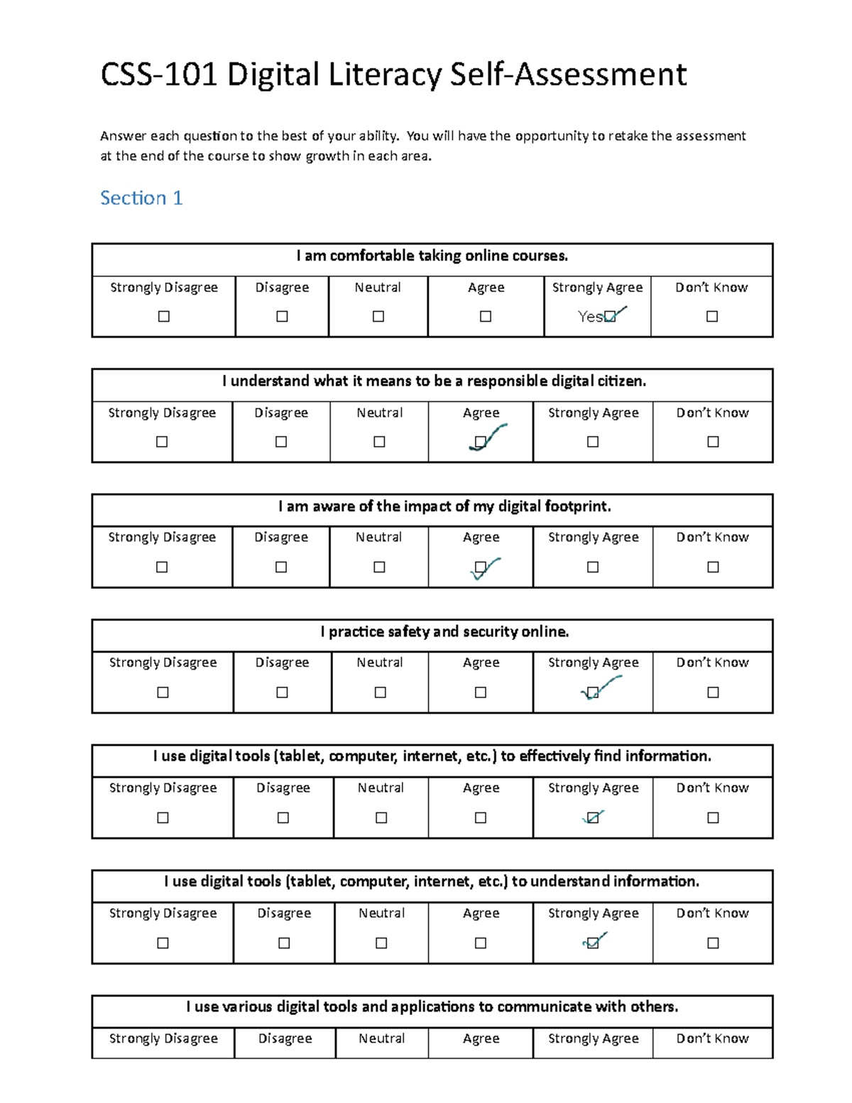 Copy of Digital Literacy Self Assessment CSS101 Digital Literacy