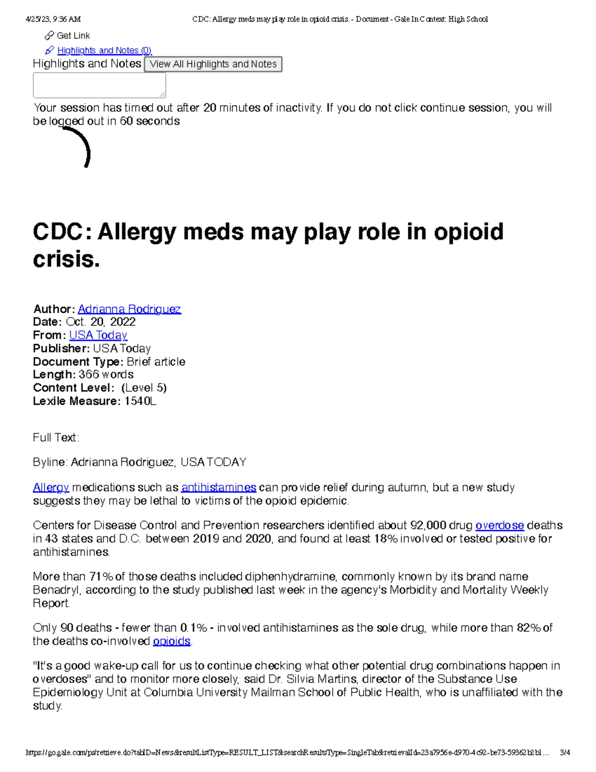 CDC Allergy meds may play role in opioid crisis. - Document - Gale In ...