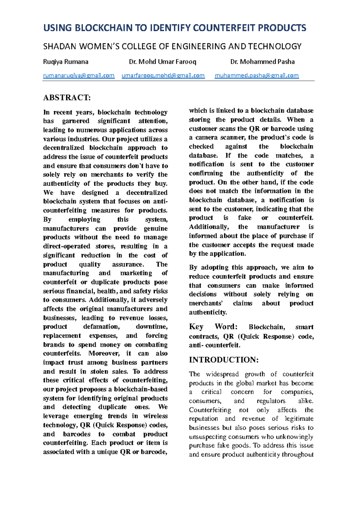Ruqiya's Base Paper - USING BLOCKCHAIN TO IDENTIFY COUNTERFEIT PRODUCTS ...