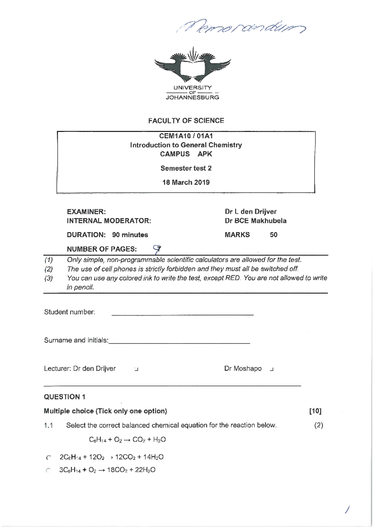 CEM01A1 Semester Test 2 2019 memo - CEM1A01 - Studocu