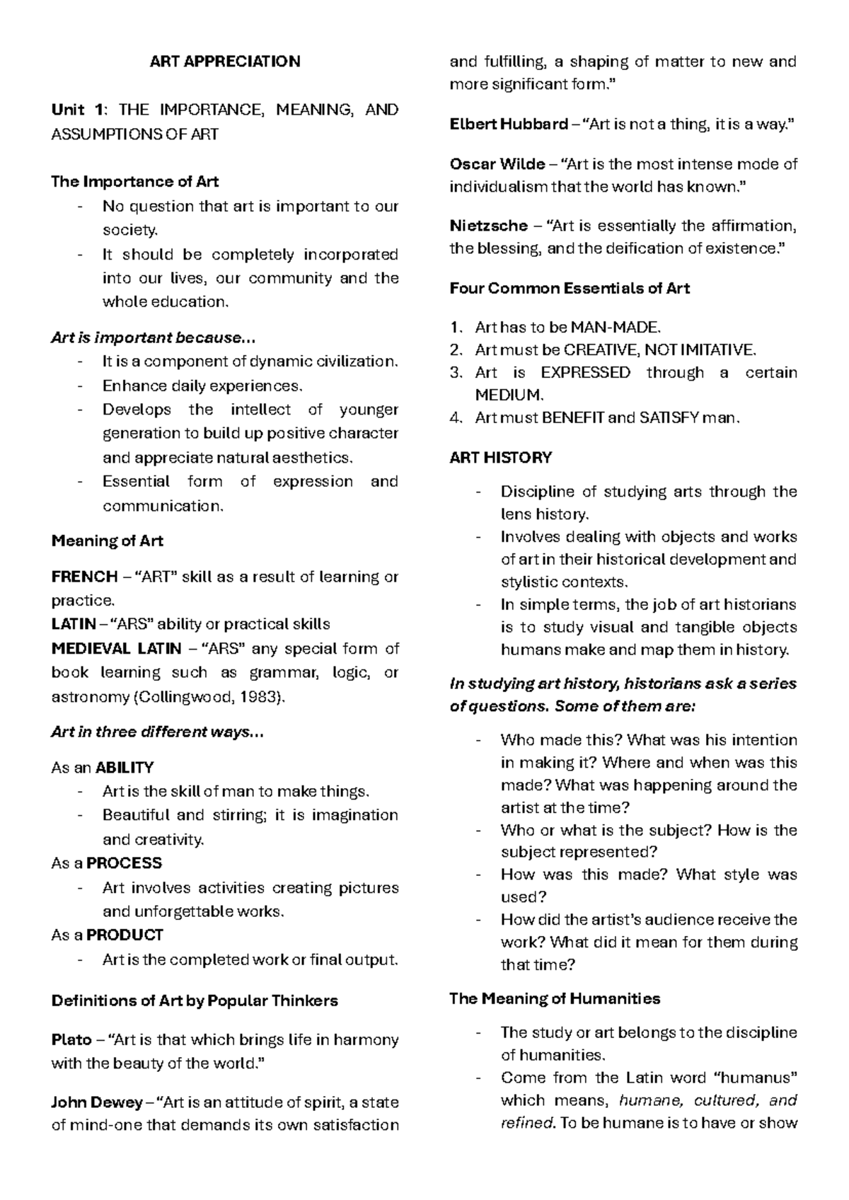 ART APP QUIZ 1 Reviewer - ART APPRECIATION Unit 1 : THE IMPORTANCE ...