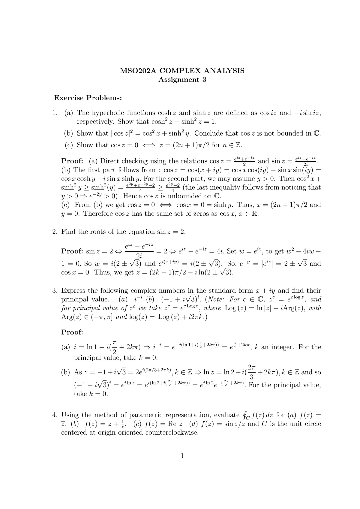 Assignment 3 Mso2a Complex Analysis Assignment 3 Exercise Problems A The Hyperbolic Functions Studocu