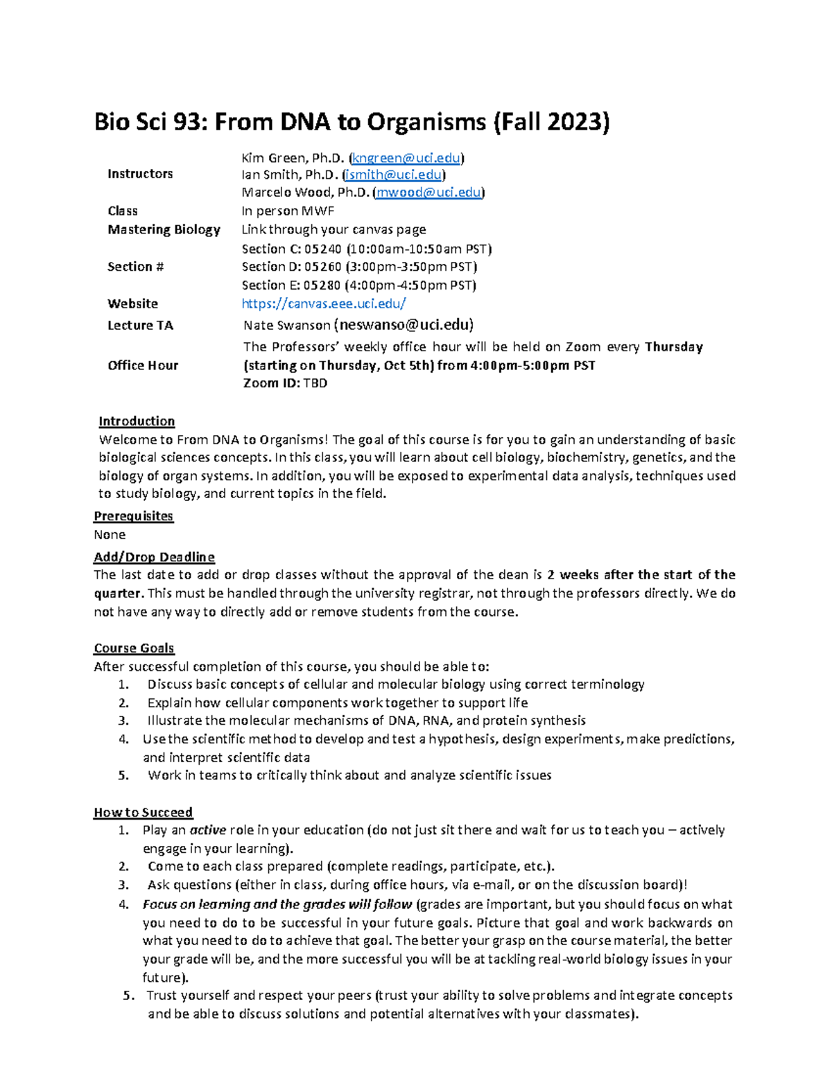 Bio 93 CDE Syllabus 2023 - Bio Sci 93: From DNA to Organisms (Fall 202 ...