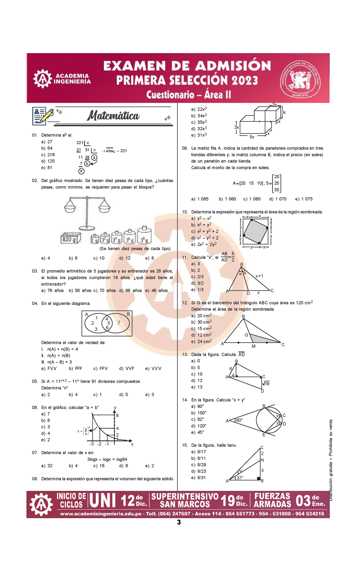 Exa Y Solu Area II 1ra 2023 - 01. Determina Ab Si: A) 27 B) 64 C ) 216 ...