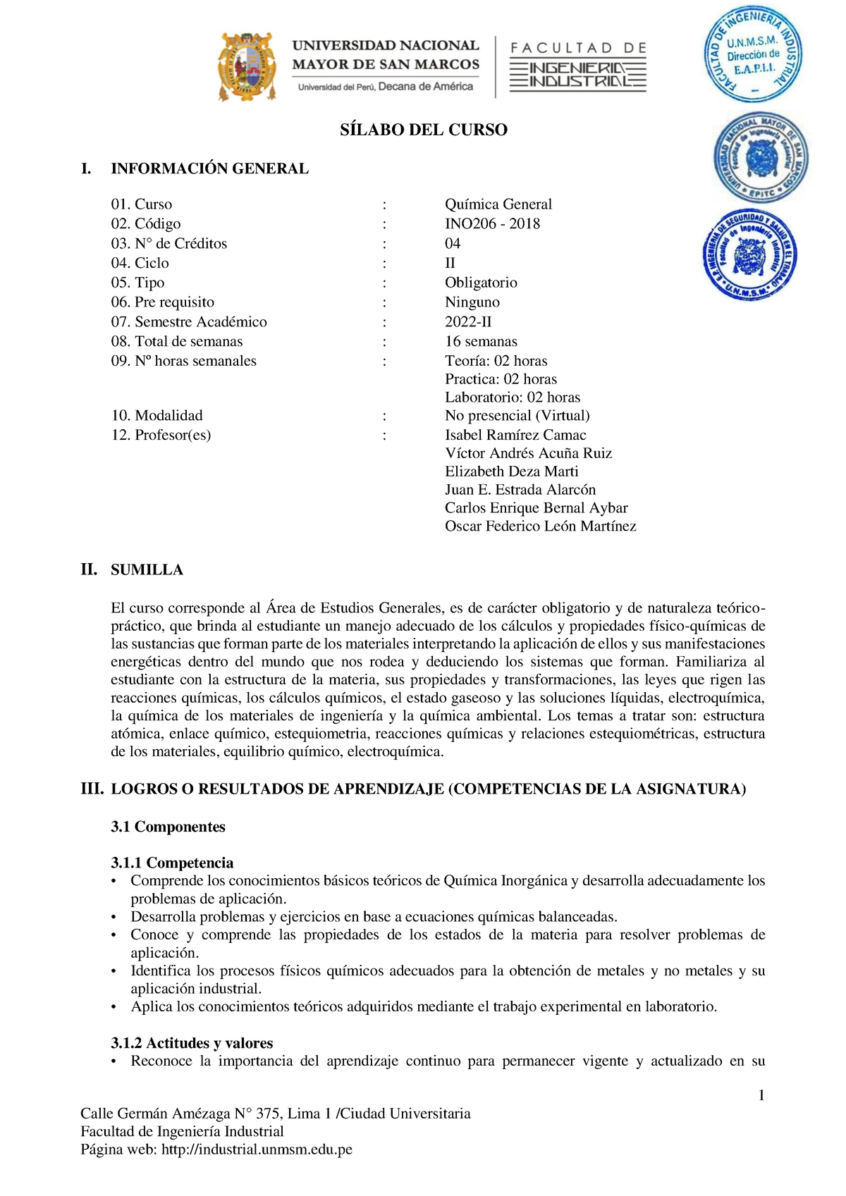 Sílabo Quimica 2022-II - 1 Calle Germán Amézaga N° 375, Lima 1 /Ciudad ...