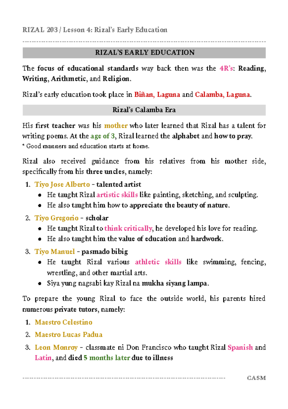 Rizal Notes - Lesson 4 - BSA - RIZAL 203 / Lesson 4: Rizal’s Early ...