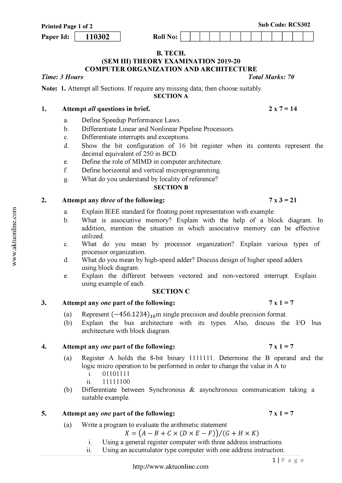 Btech Cs 3 Sem Computer Organization And Architecture Rcs302 2020 ...