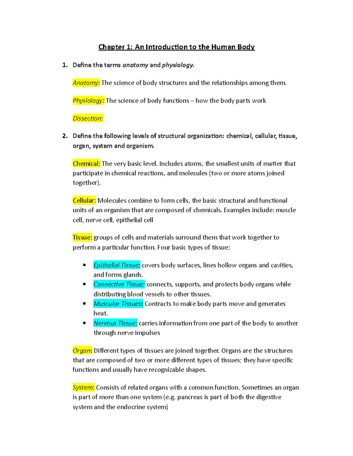 Chapter 1 Study Guide Answers - Chapter 1: An Introduction to the Human  Body Define the terms - Studocu