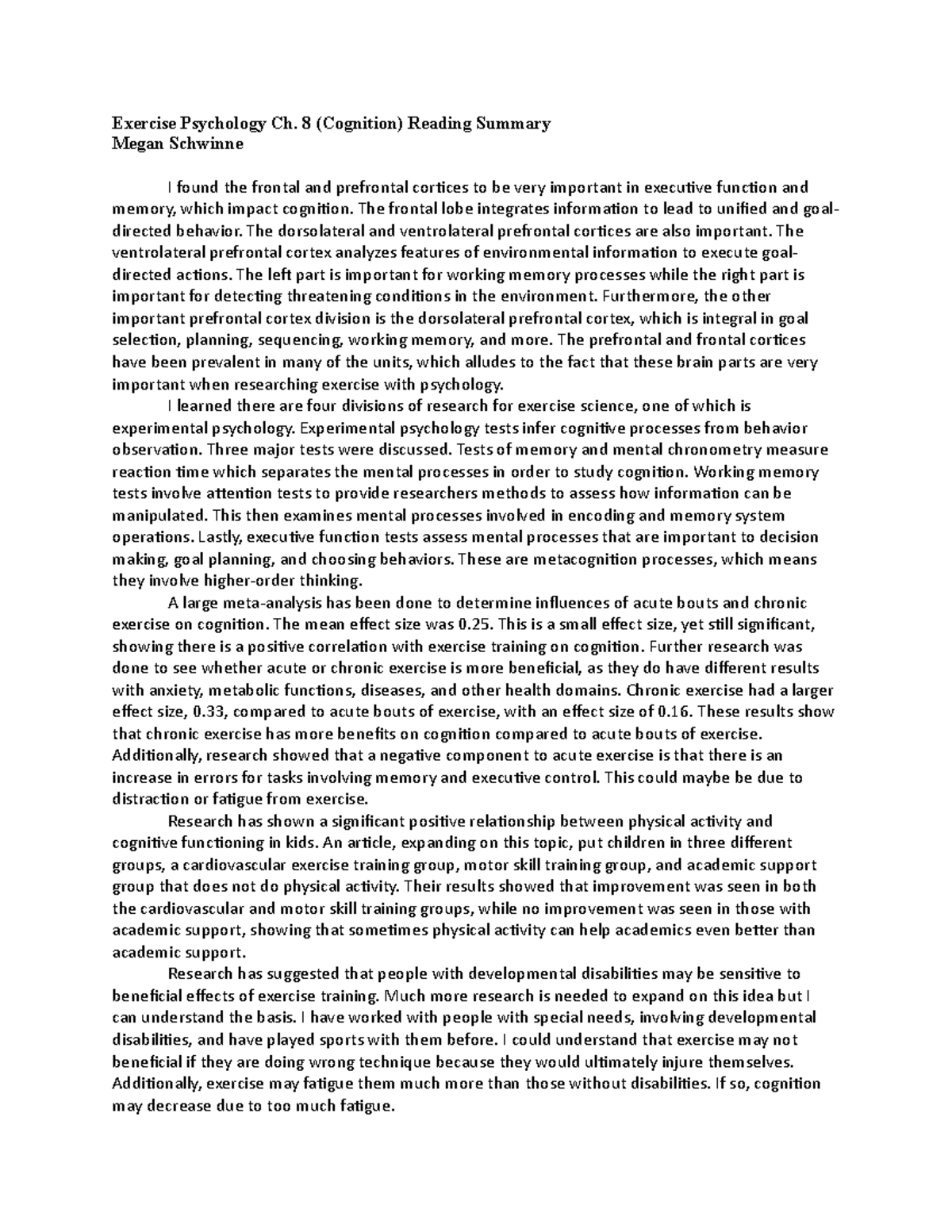 Exercise Psychology Chapter 8 (Cognition) Summary Exercise Psychology