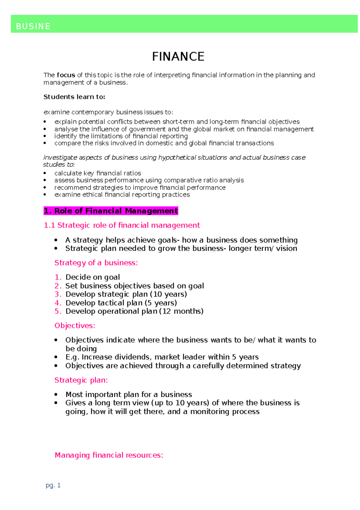 HSC Business Notes - FINANCE The focus of this topic is the role of ...