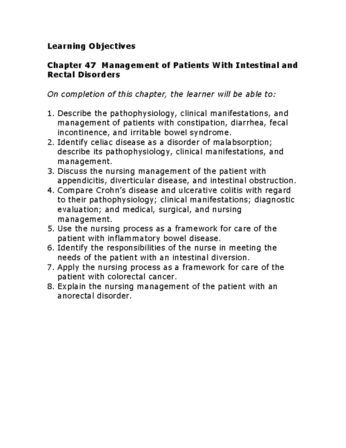 LO Chapter 47 - Learning objectives - Learning Objectives Chapter 47 ...