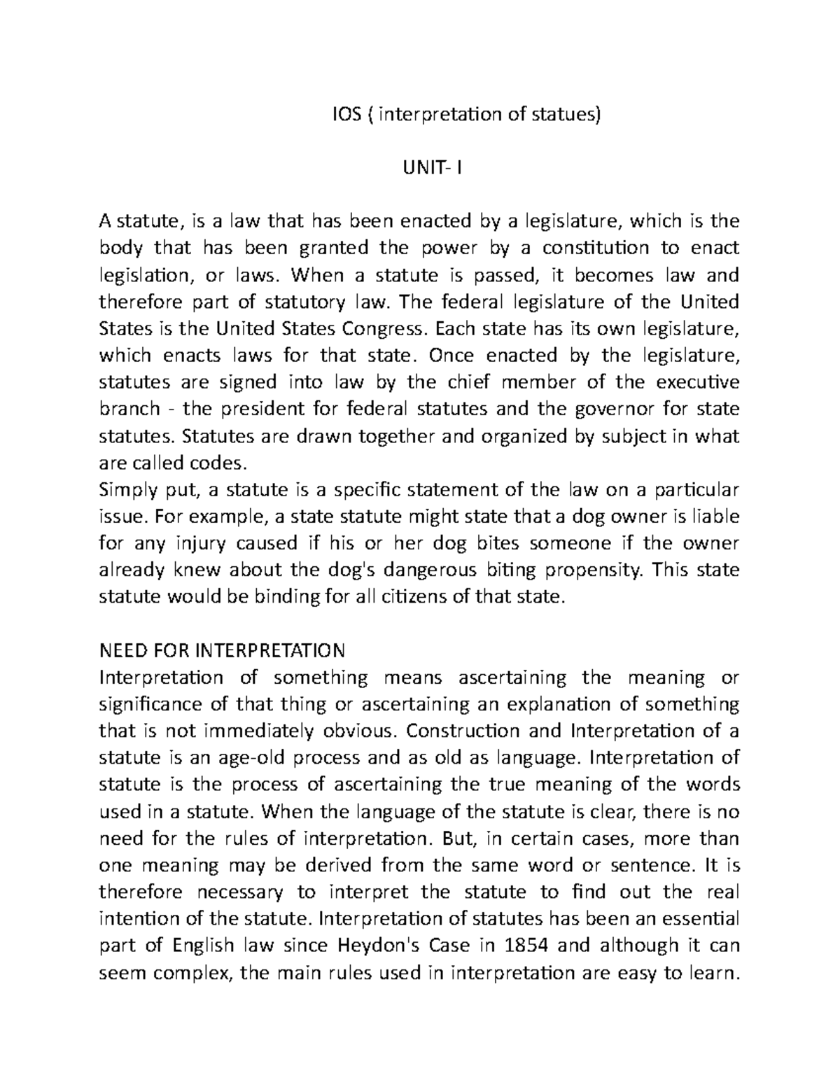 UNIT I1 Interpretation of statutes IOS ( interpretation of statues