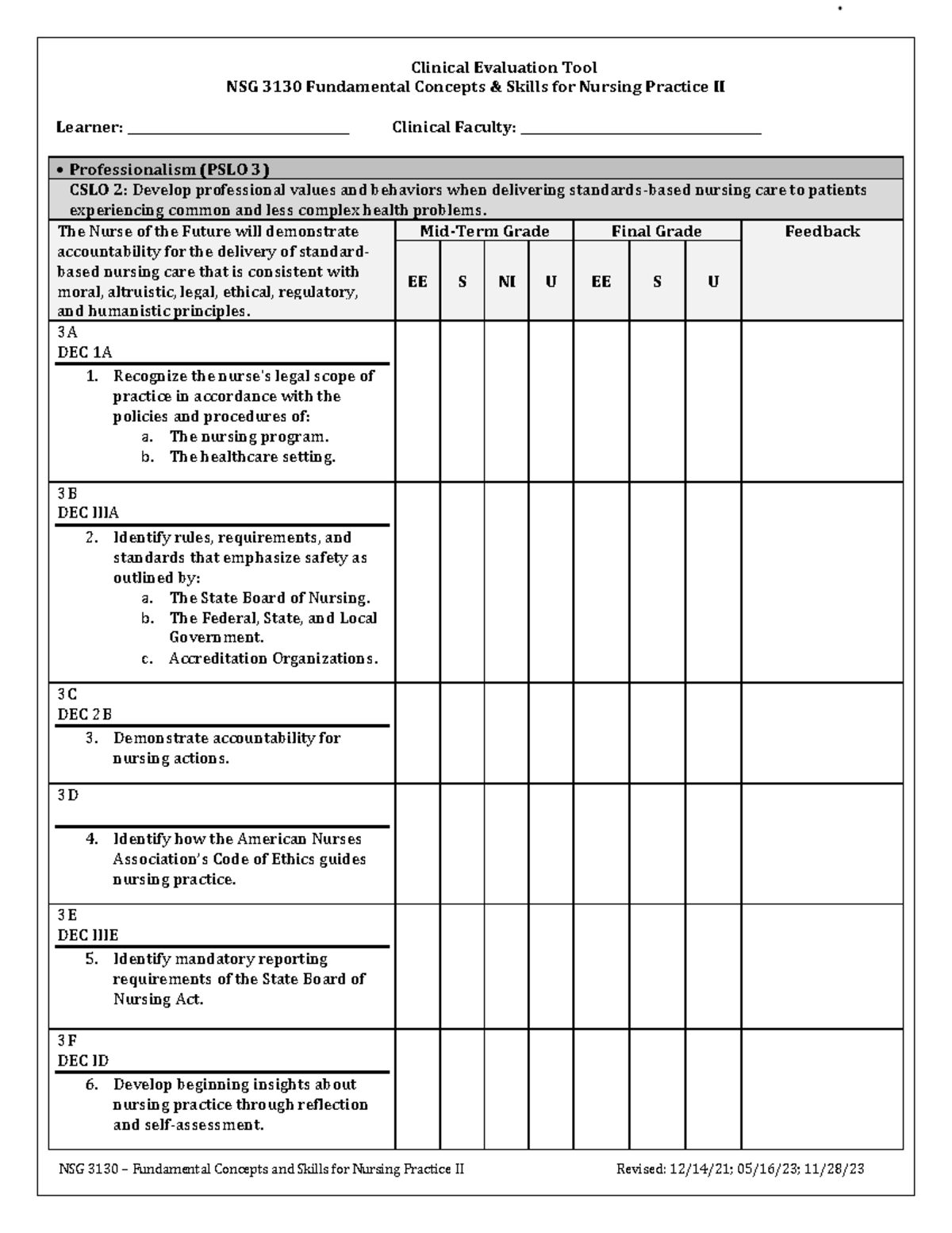 Mid - Notes - Clinical Evaluation Tool NSG 3130 Fundamental Concepts ...