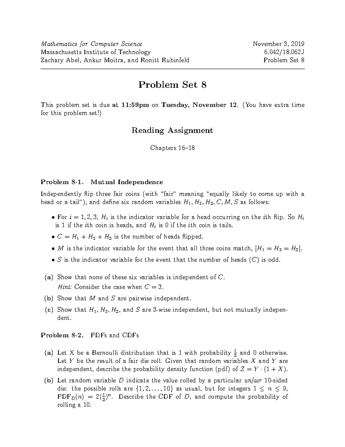 Problem Set 8 Problems - Mathematics for Computer Science November 3 ...