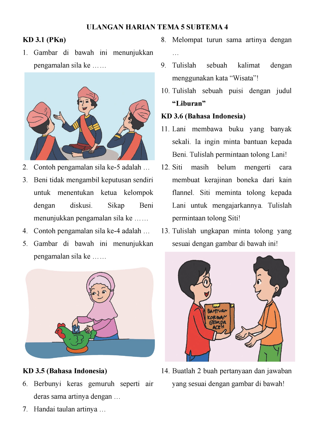 UH Tema 5 Sub Tema 4 - Bahasa Indonesia - ULANGAN HARIAN TEMA 5 SUBTEMA ...