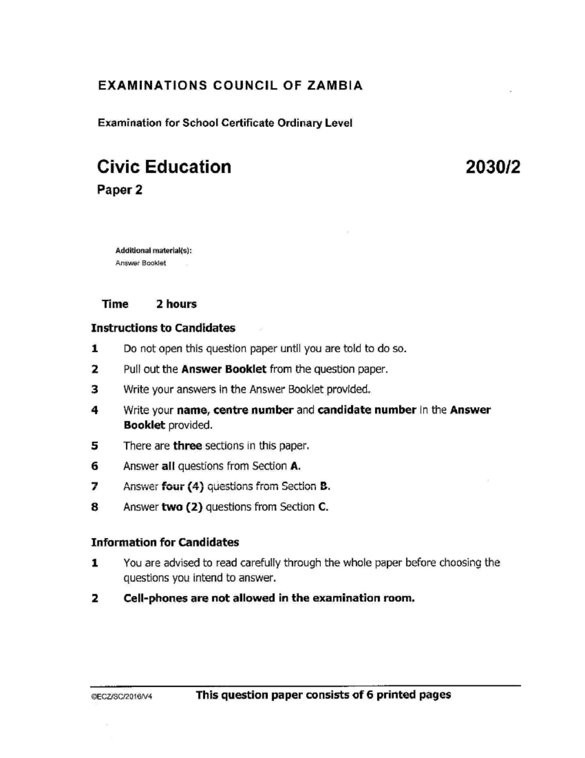 ECZ Grade 12 Civic ed P2 2016 Specimen Sociology Of Development Studocu