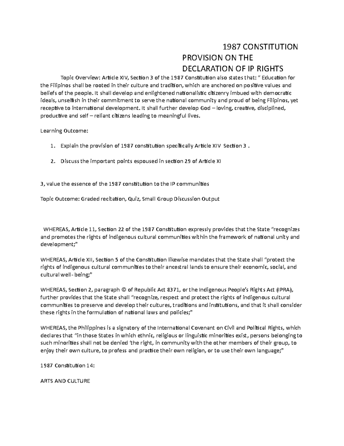 1987 Constitution Provision ON THE Declaration OF IP Rights 1987