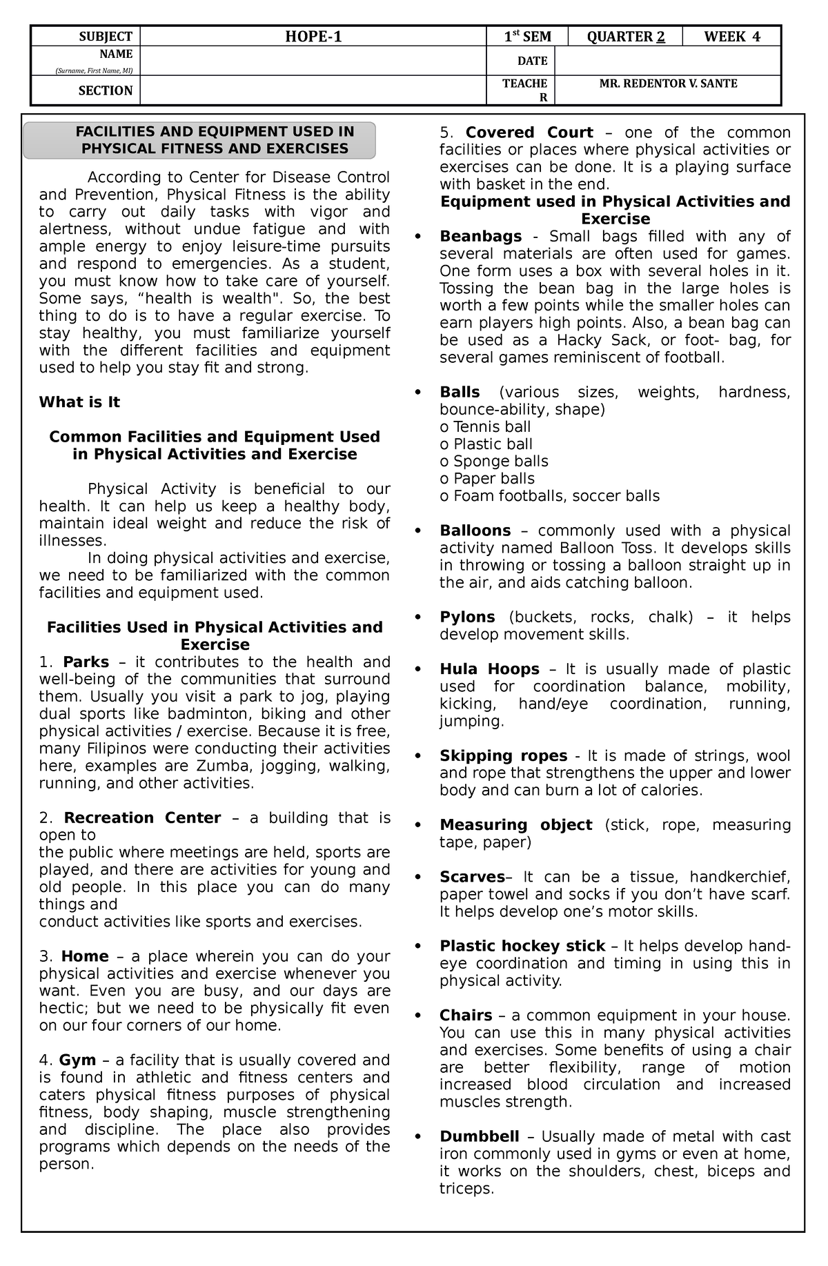 HOPE 1 Module And Worksheet Q2 WEEK 4 - SUBJECT HOPE-1 1 St SEM QUARTER ...