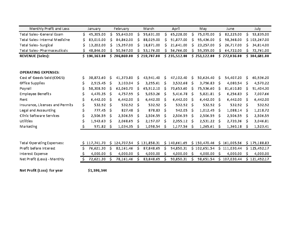 Financial Plan- Collective Veterinary Medical Center - Monthly Profit ...