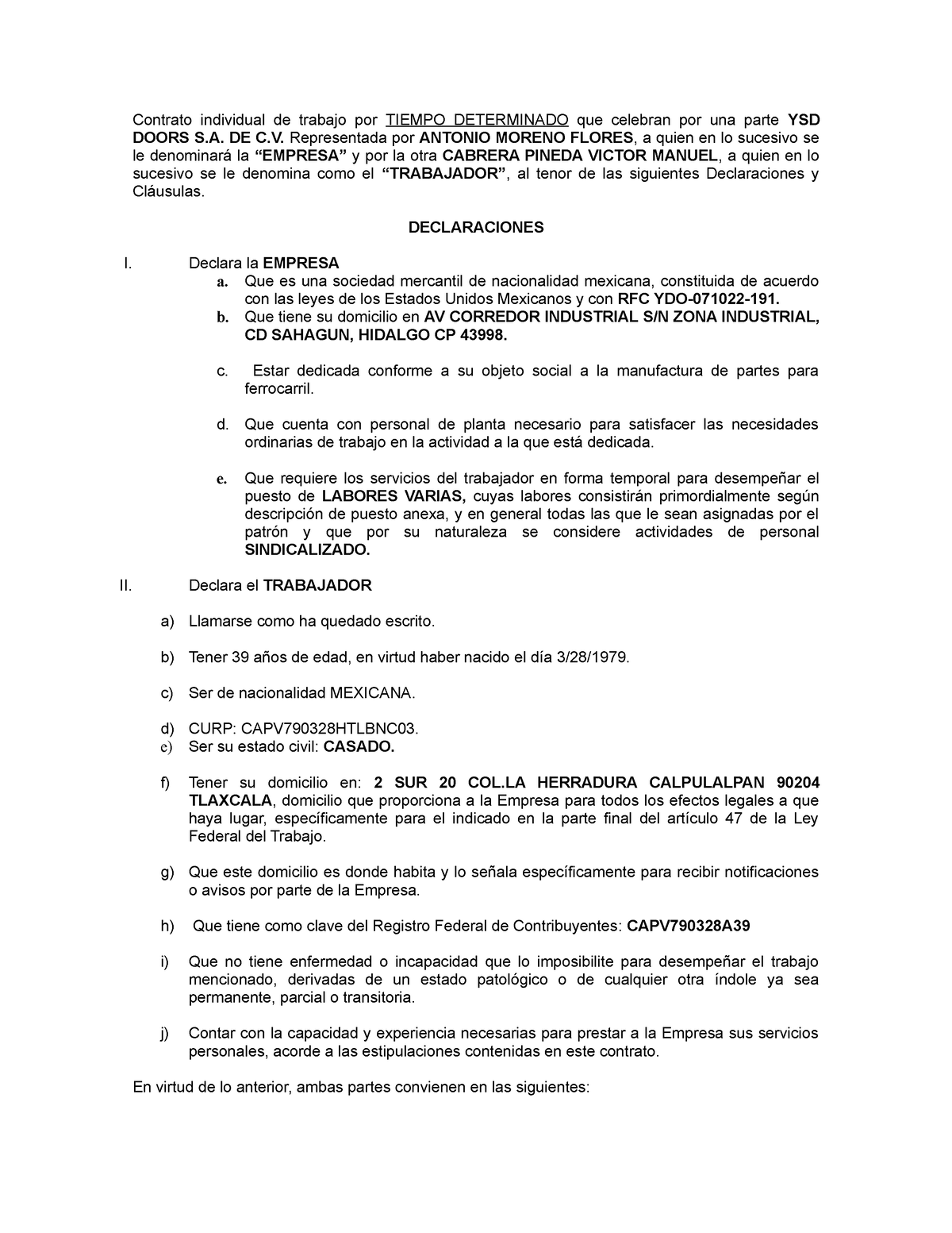 Contrato Individual De Trabajo Por Tiempo Determinado - Contrato ...