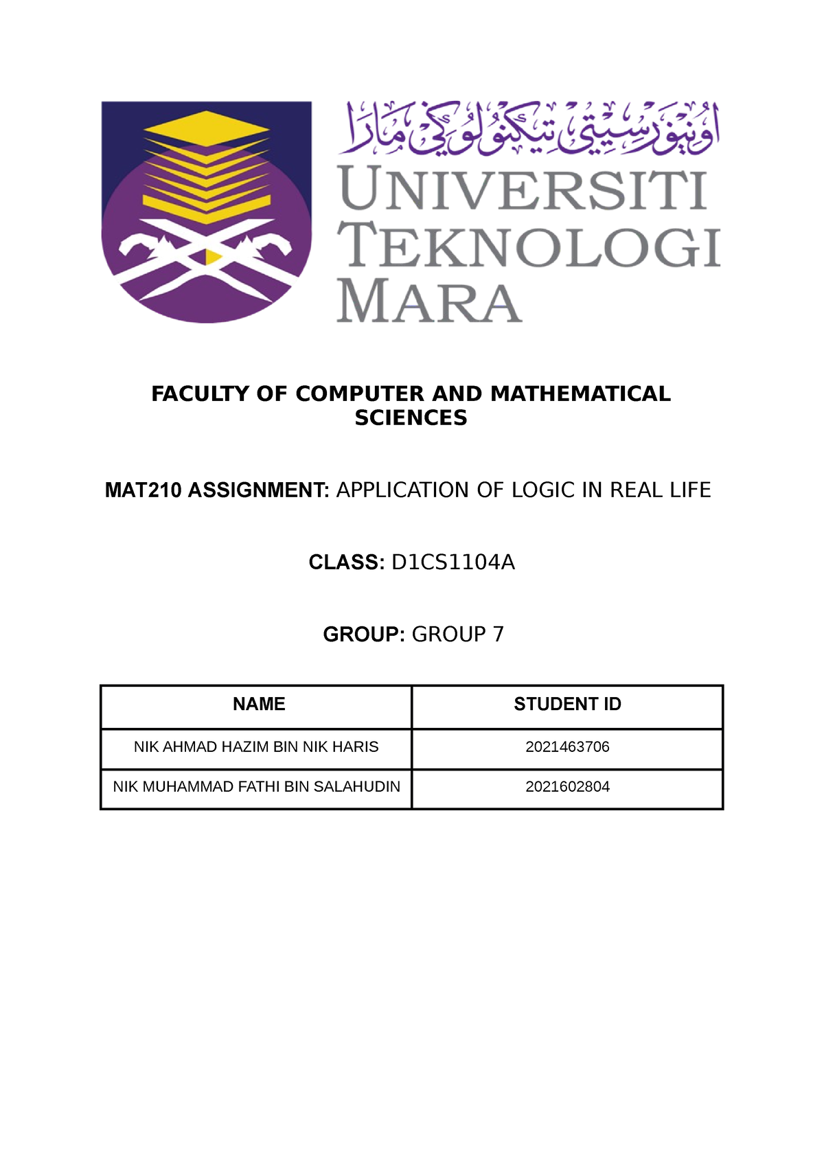 MAT210 Group Assignment - FACULTY OF COMPUTER AND MATHEMATICAL SCIENCES ...