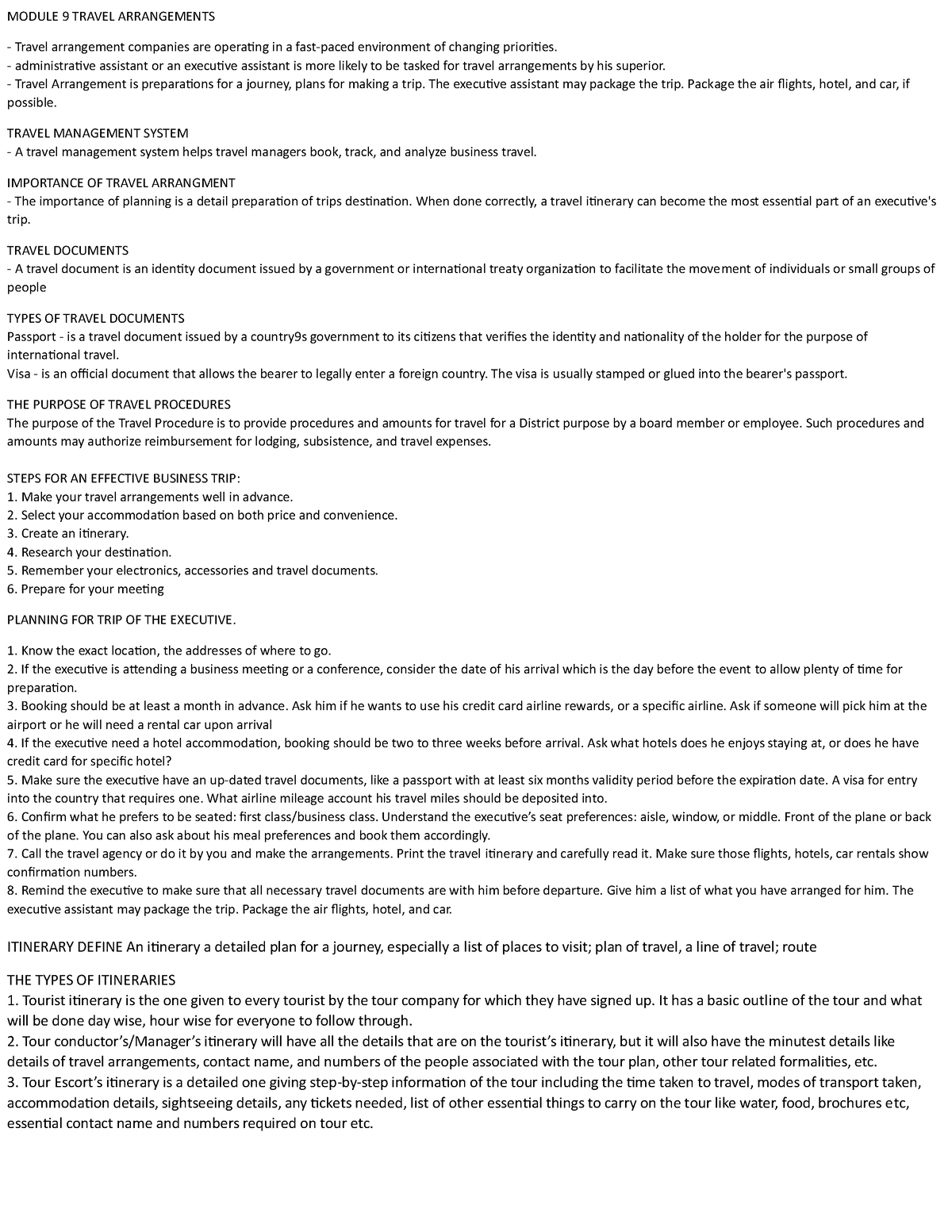 M9 Reviewer - Notes - MODULE 9 TRAVEL ARRANGEMENTS Travel arrangement ...