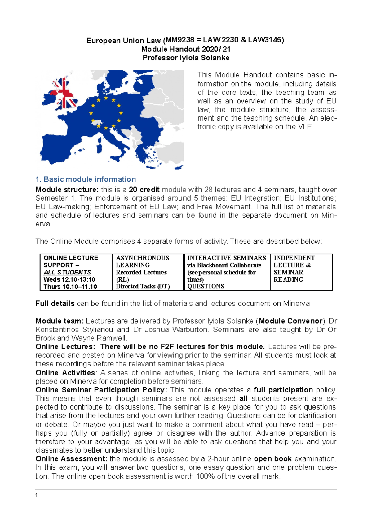 EU LAW Module Handbook-2020-21 - European Union Law (MM9238 = LAW 2230 ...