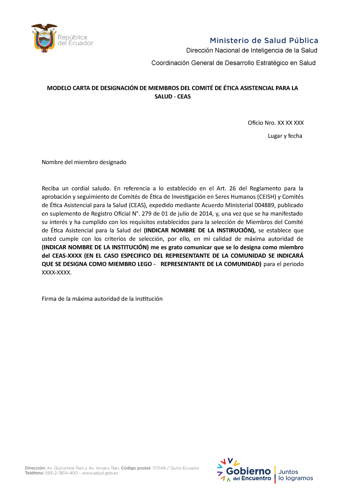 Anexo 4 Ceas Oficio Modelo Carta De DesignaciÓn De Miembros Del ComitÉ De Ética Asistencial 8909