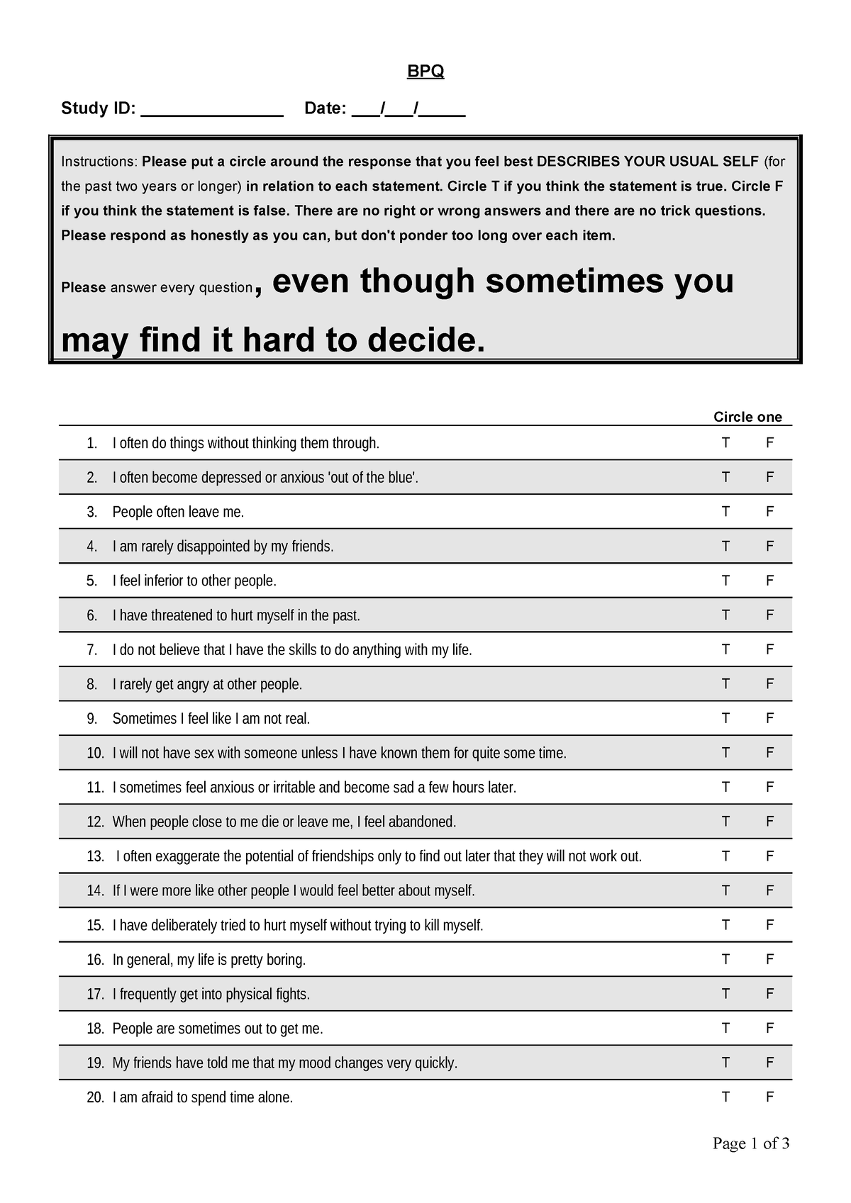 BPQ Borderline Personality Questionnaire - BPQ Study ID ...