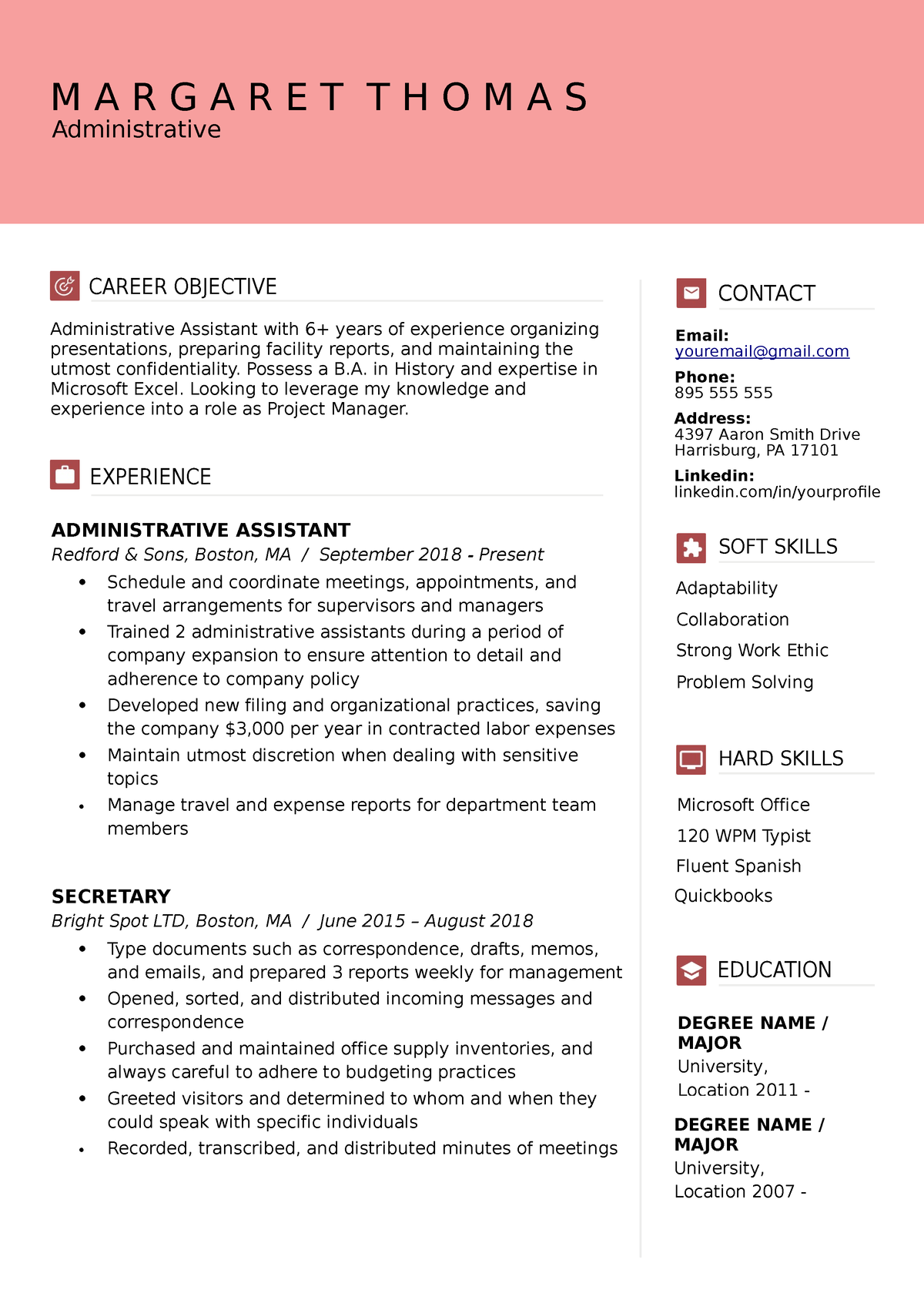 Stylish Resume Template Red - M A R G A R E T T H O M A S O N DEGREE ...