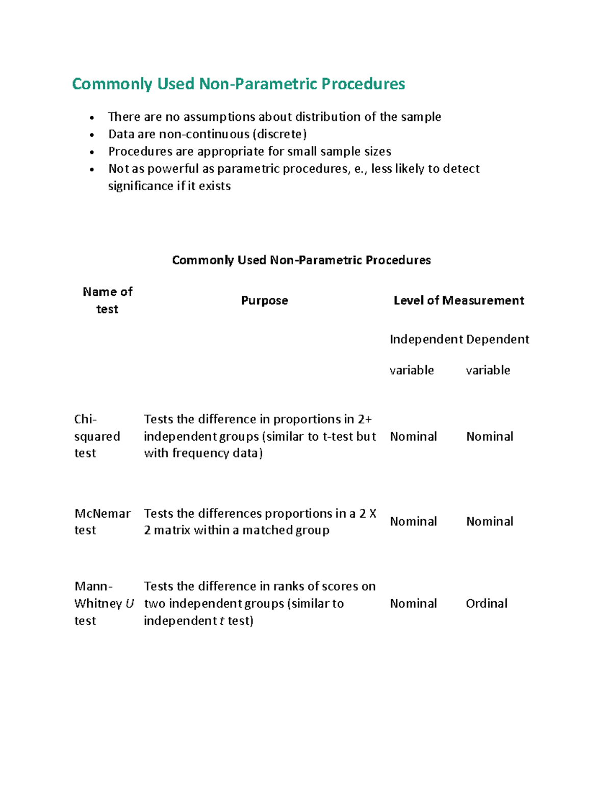 Non Parametric - Commonly Used Non-Parametric Procedures There are no ...