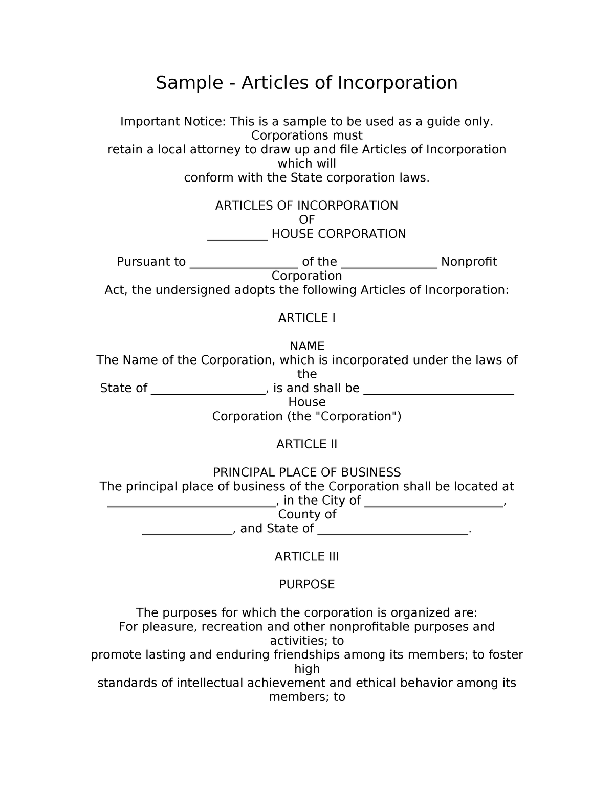 Sample HC Articles of Inc - Sample - Articles of Incorporation ...