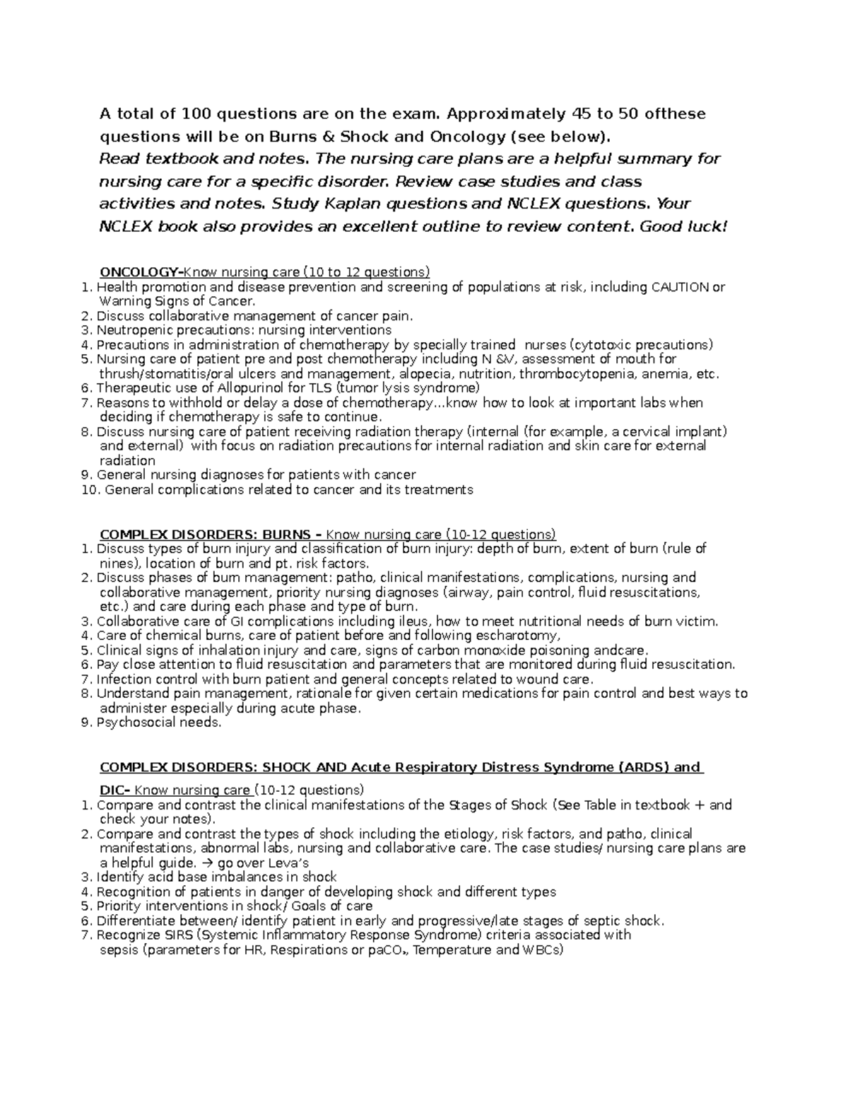 Final study guide 2 - A total of 100 questions are on the exam ...