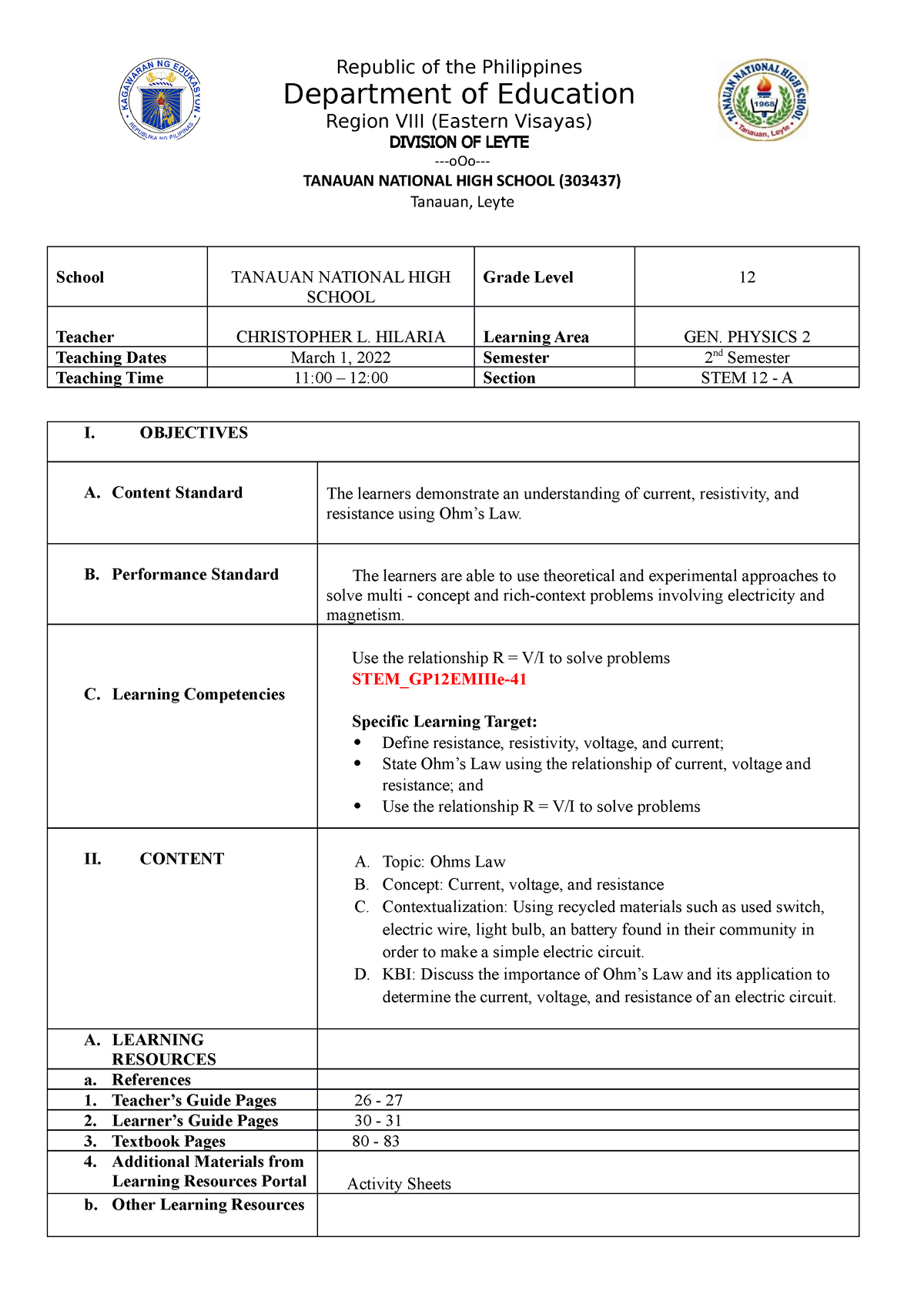 Daily Lesson PLAN IN GEN Physics 2 - Republic Of The Philippines ...