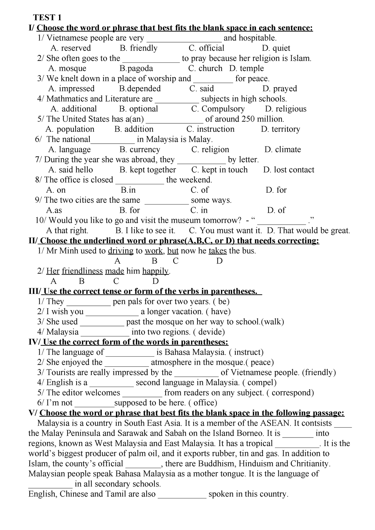 ĐỀ ÔN KIỂM TRA - ss ss ss s s s s - TEST 1 I/ Choose the word or phrase ...