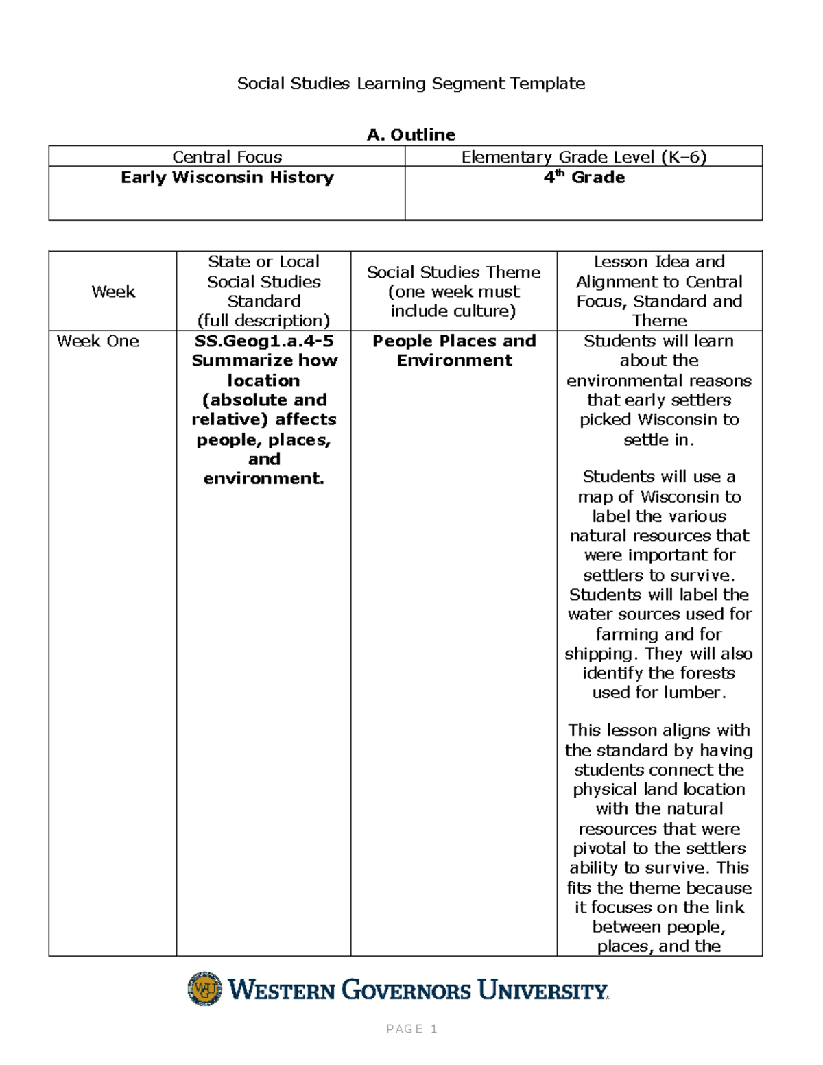 Task 1 - Task 1 - Social Studies Learning Segment Template A. Outline ...