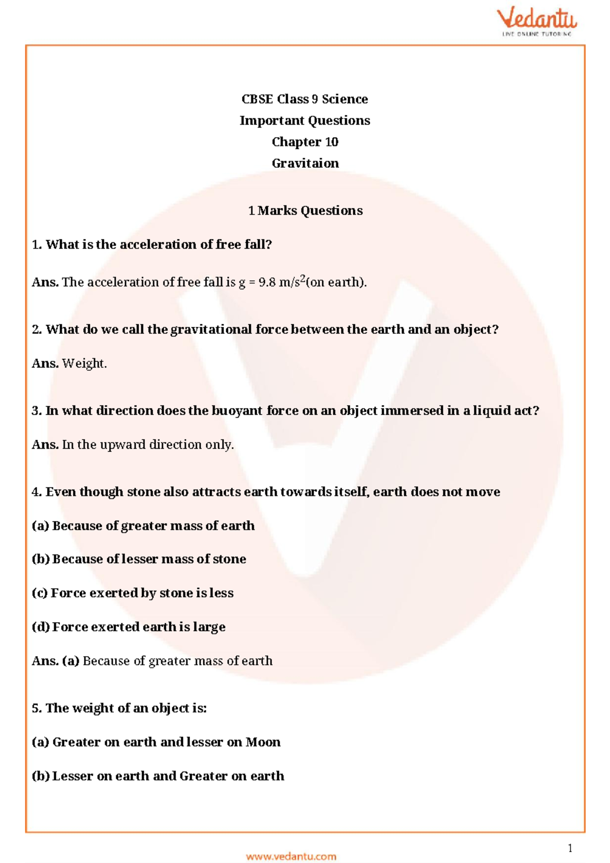 Gravitation Class 9 - CBSE Class 9 Science Important Questions Chapter ...