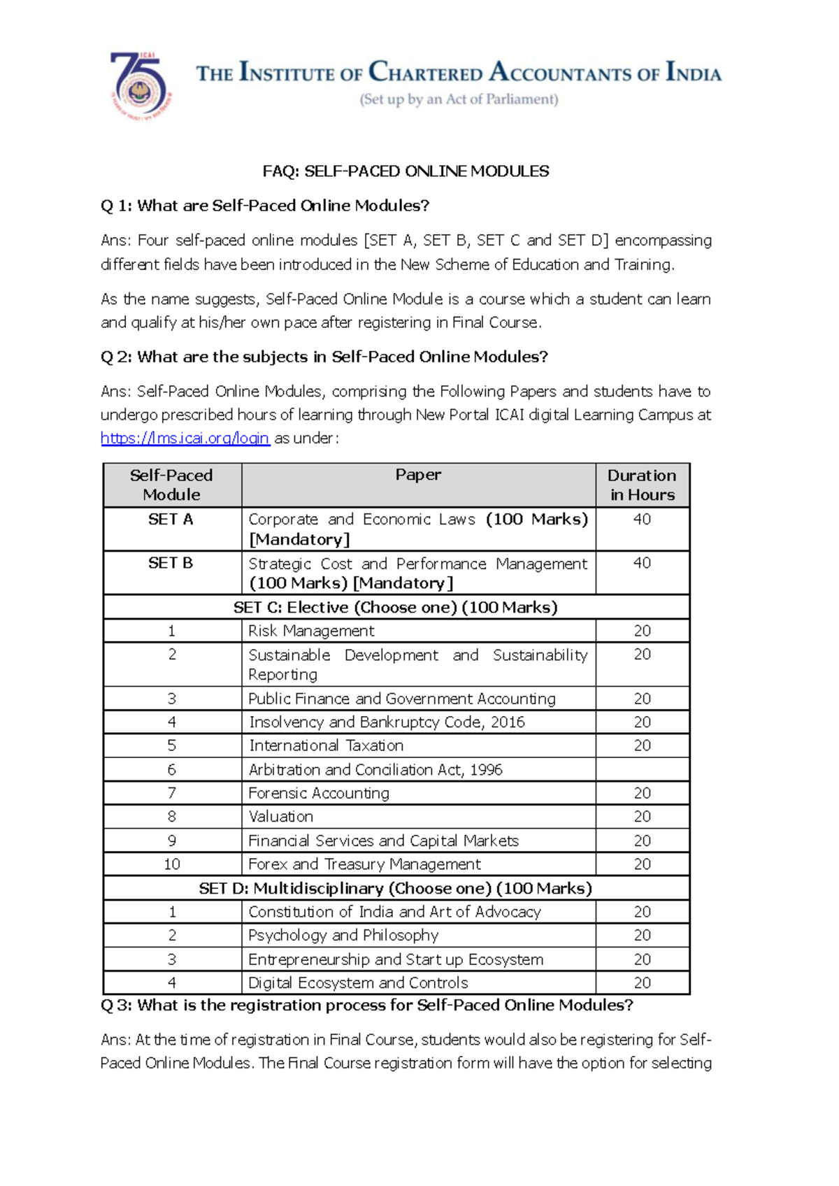 ICAI User Manual - accounts - FAQ: SELF-PACED ONLINE MODULES Q 1: What ...