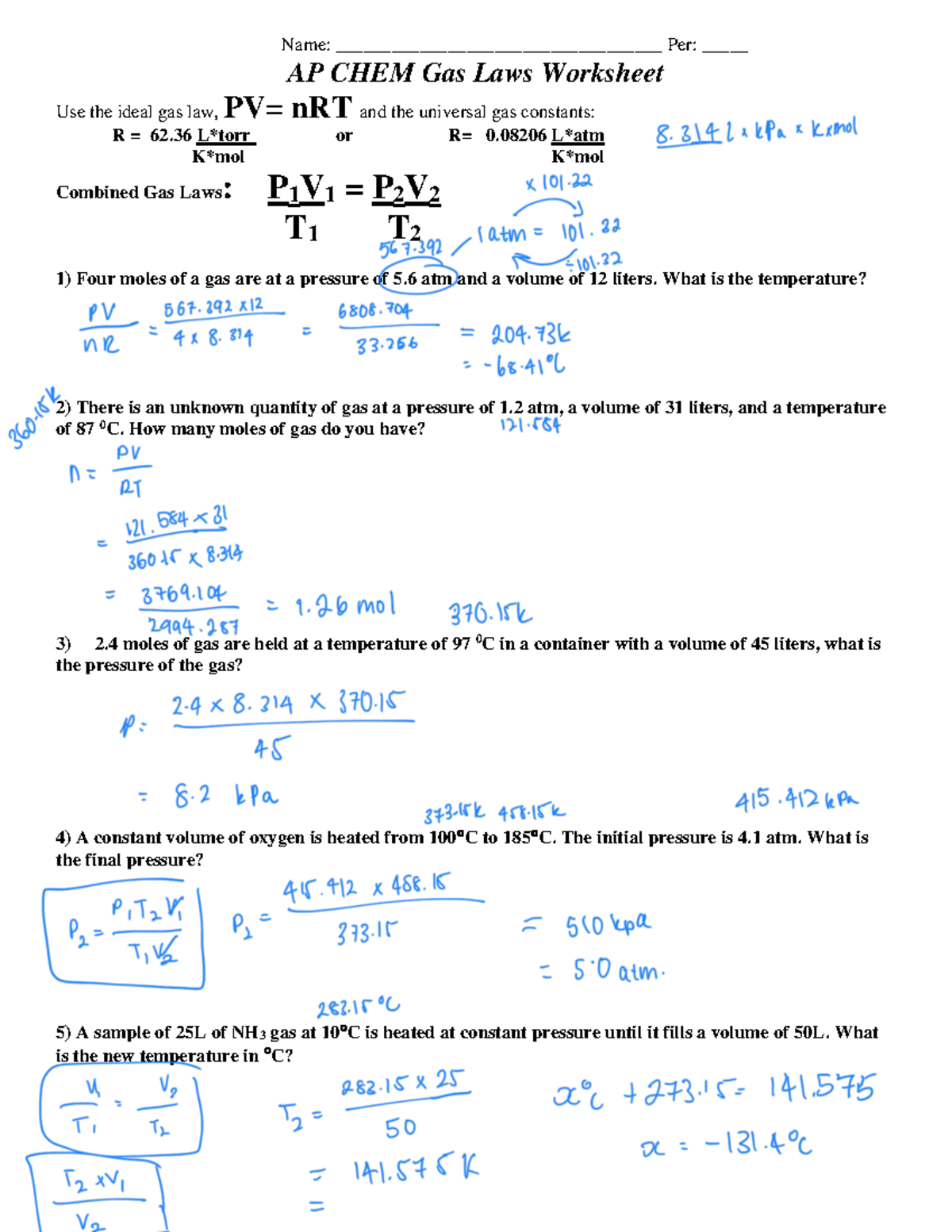 Ap chem gas laws problems - AP CHEM Gas Laws Worksheet Use the ideal ...