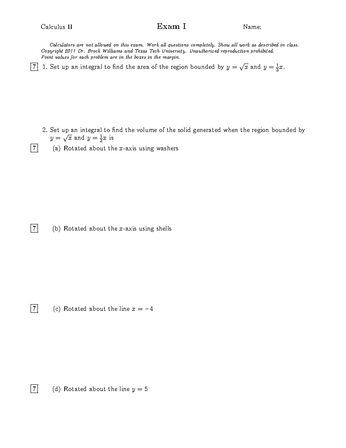 Sample exam1 - Calculus II Exam I Name: Calculators are not allowed on ...