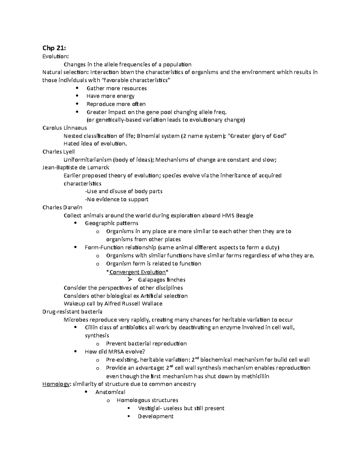 BIO 2 Exam 1 - Lecture notes Exam 1 - Chp 21: Evoluion: Changes in the ...