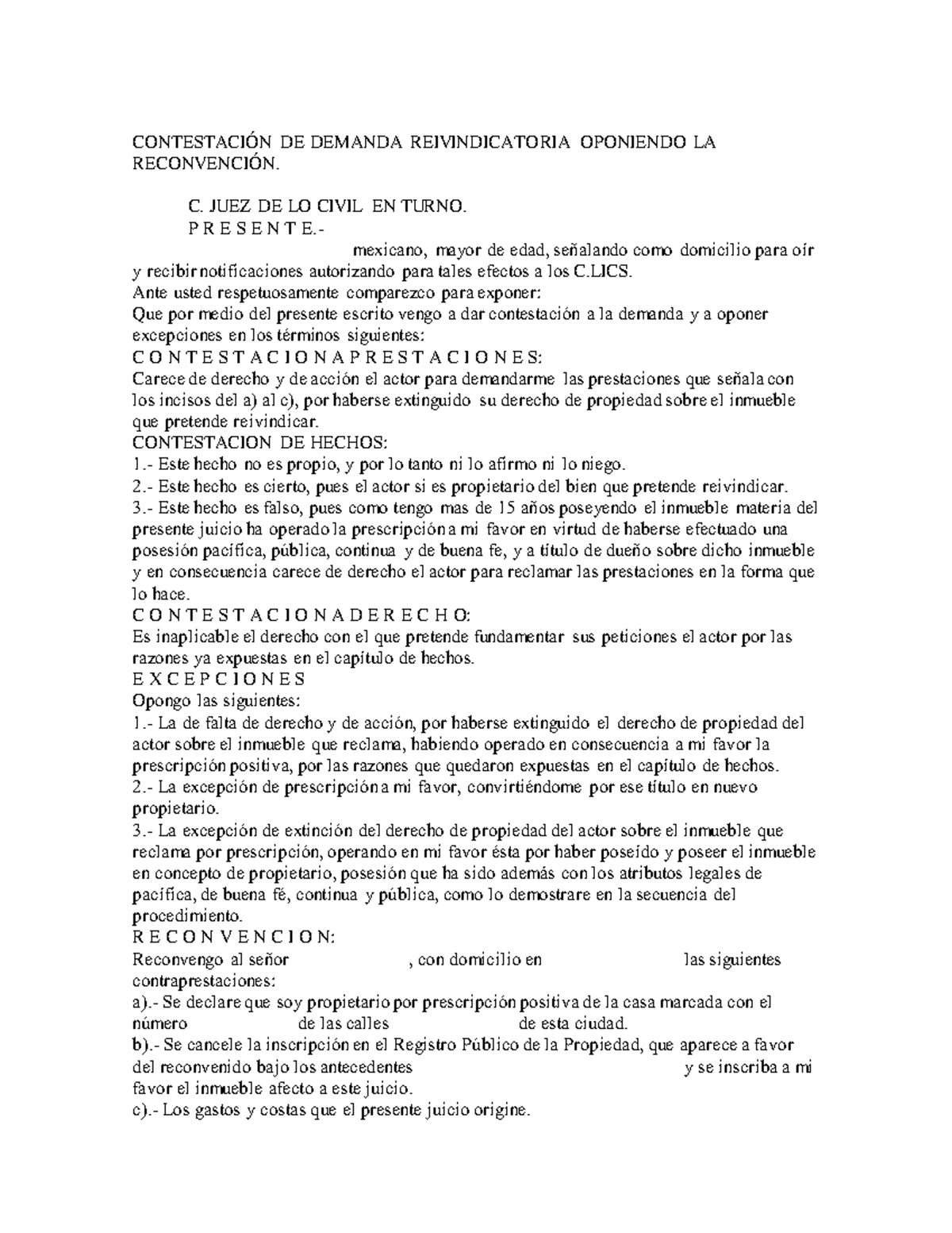 Contestación DE Demanda Reivindicatoria Oponiendo - CONTESTACIÓN DE ...