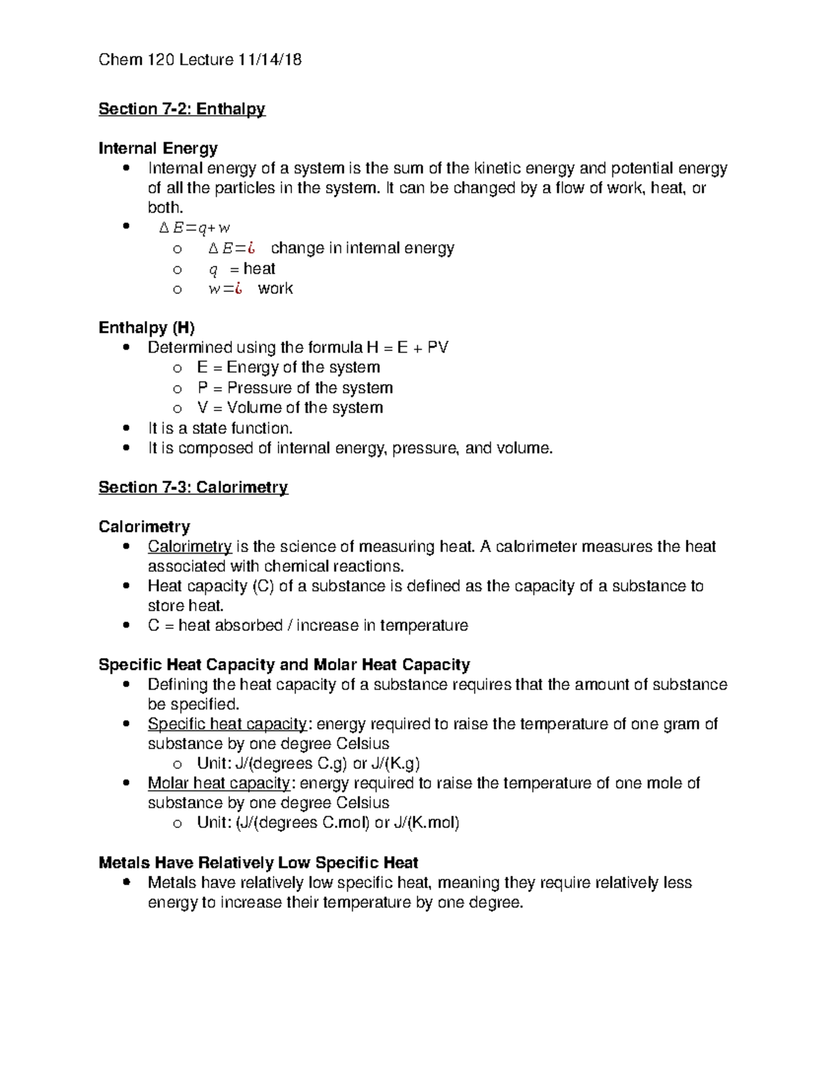 Chem 1 Lecture 11 14 18 Chem 1 Lecture Section Enthalpy Internal Energy Internal Energy Of System Is The Sum Of The Kinetic Energy And Potential Energy Of Studocu