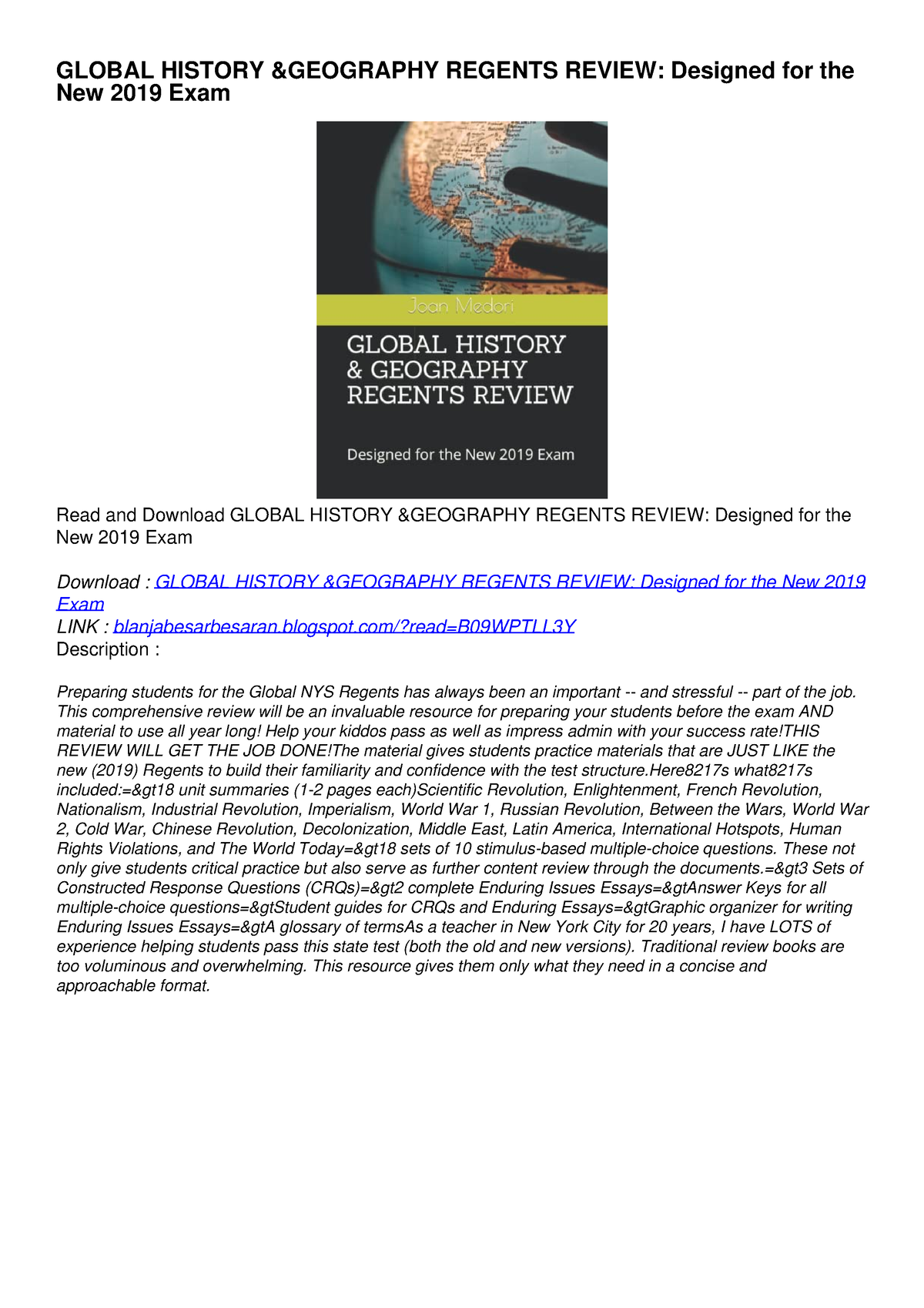 READ/DOWNLOAD GLOBAL HISTORY GEOGRAPHY REGENTS REVIEW Designed for the