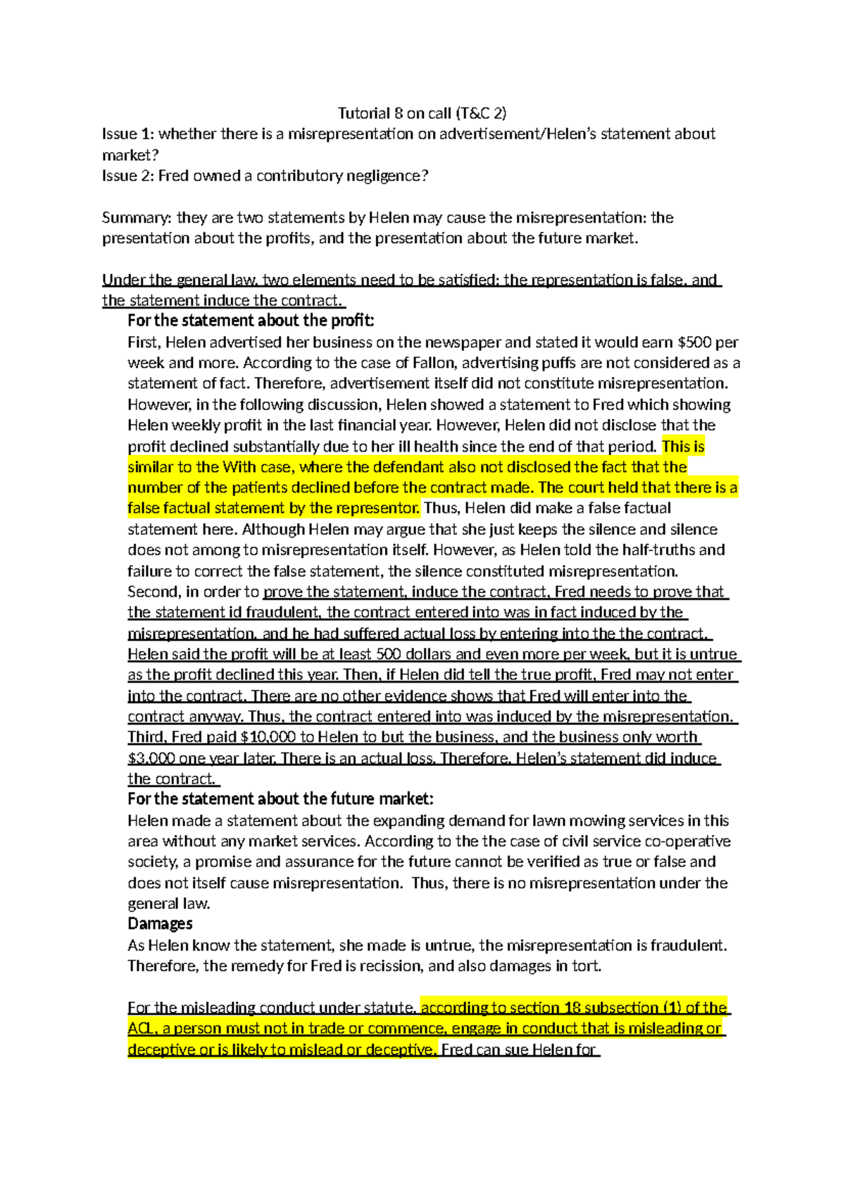 Tutorial 8 on call - on call materials - Tutorial 8 on call (T&C 2 ...