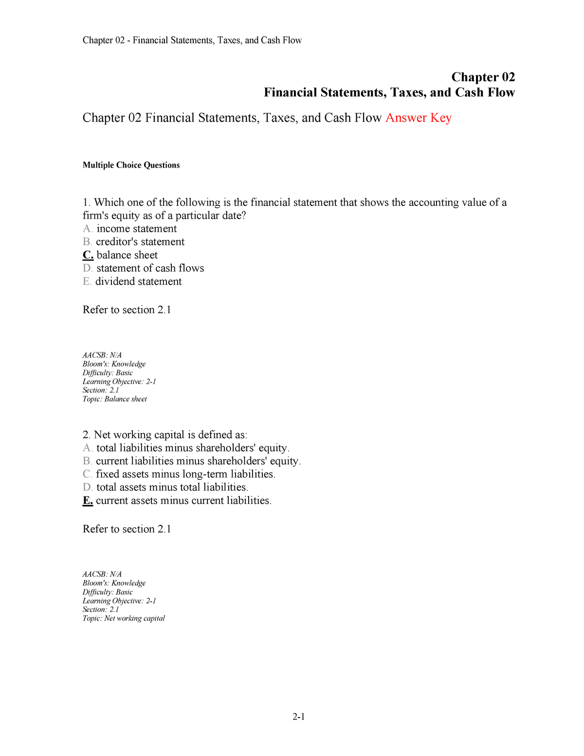 Chapter 02 Financial Statements Taxes And Cash Flow Test Bank Chapter 02 Financial Statements Studocu